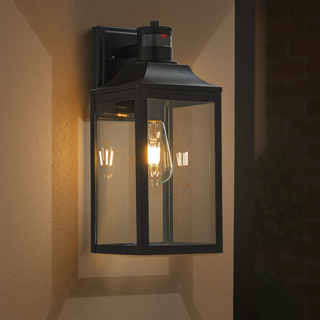 1 Light H16 in. Farmhouse Outdoor Wall Lantern wiht Motion Sensor in Matte Black Modern Exterior Wall Sconce with Clear Glass for Porch Courtyard