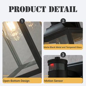 1 Light H16 in. Farmhouse Outdoor Wall Lantern wiht Motion Sensor in Matte Black Modern Exterior Wall Sconce with Clear Glass for Porch Courtyard