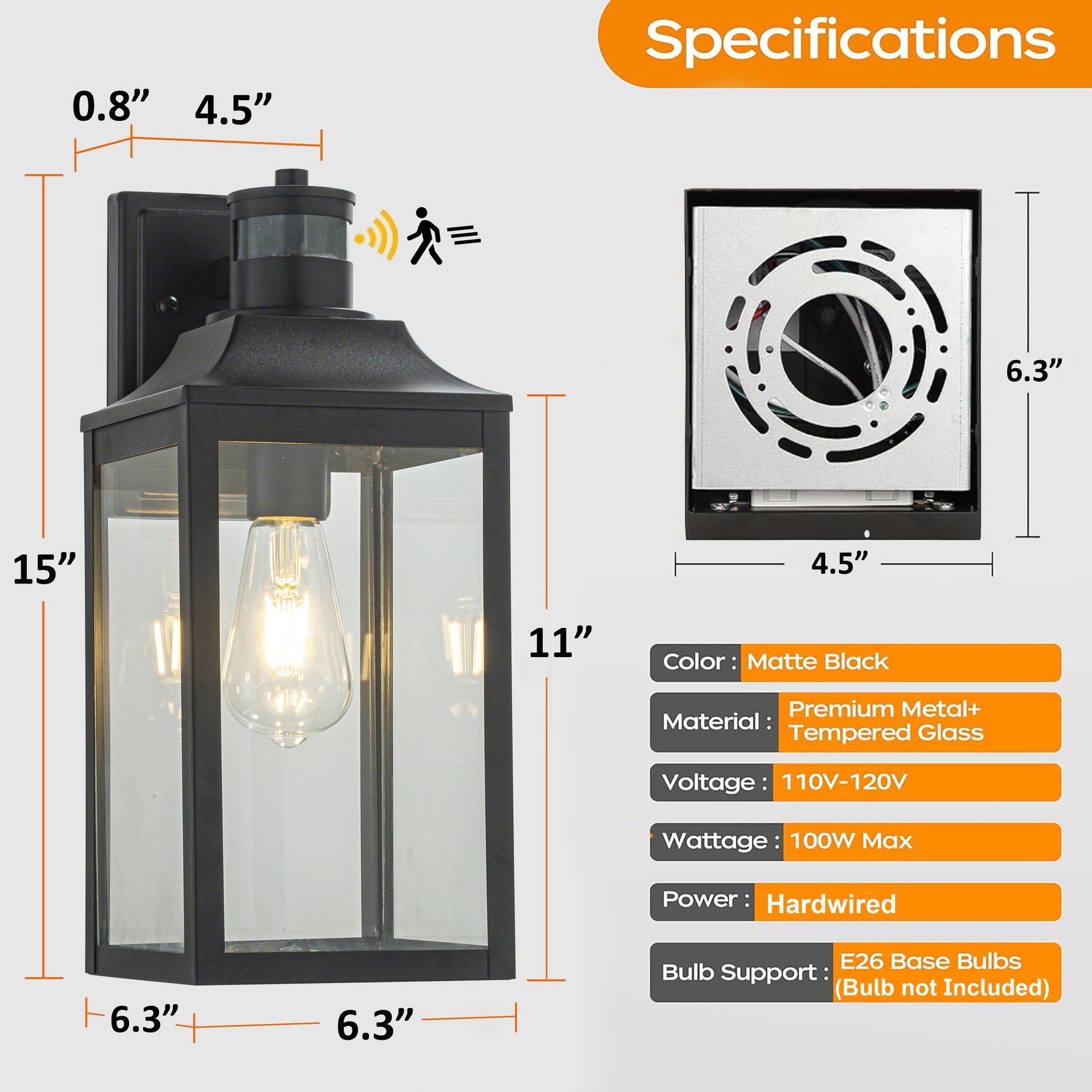 1 Light H16 in. Farmhouse Outdoor Wall Lantern wiht Motion Sensor in Matte Black Modern Exterior Wall Sconce with Clear Glass for Porch Courtyard