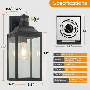 1 Light H16 in. Farmhouse Outdoor Wall Lantern wiht Motion Sensor in Matte Black Modern Exterior Wall Sconce with Clear Glass for Porch Courtyard