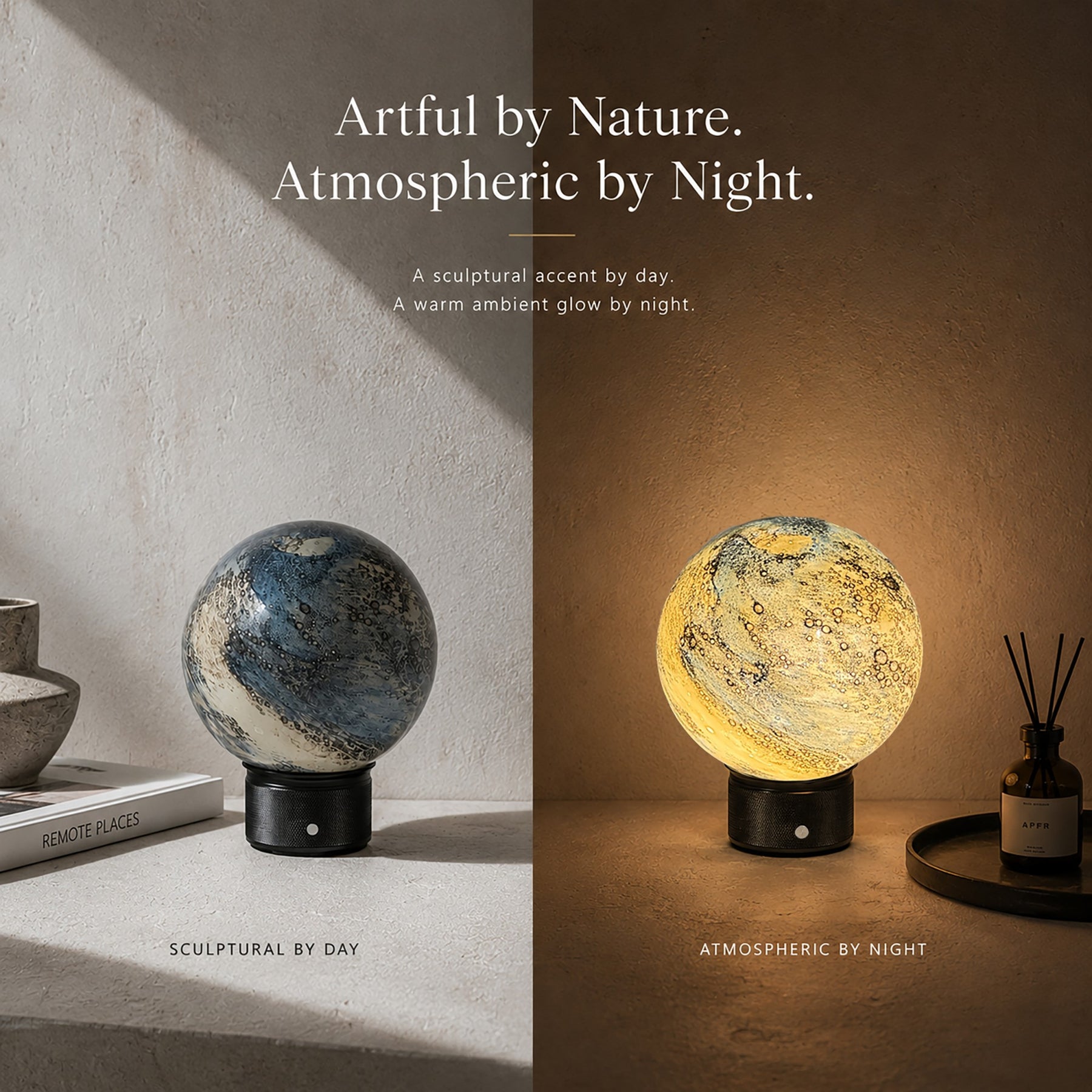Hand-Blown Cosmic Blue Glass Globe Cordless Rechargeable Table Lamp with Flicker-Free LED 3-Level Dimmable and Long-Lasting Battery Bedside Lamp
