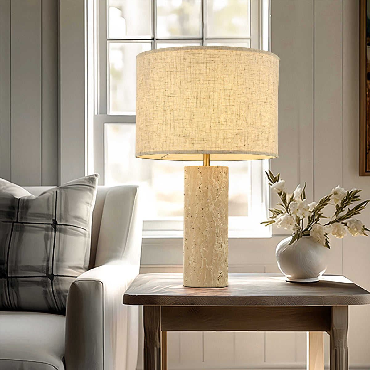 1-Light 22'' Modern Coastal  Natural Cylinder Travetine Table Lamp With Beige Linen Shade For Bedroom and Living Room