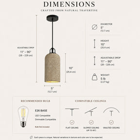 1-Light 5'' Modern Farmhouse Natural Travetine Single Pendant Light Coastal Cylinder Hanging Light For Bedroom and Dining Room
