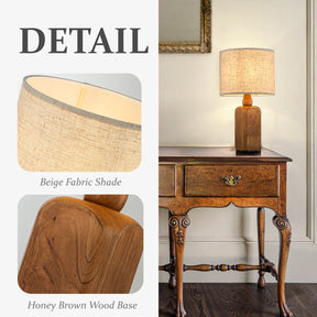 18''Farmhouse Traditional Natural Brown Solid Wood Base Table Lamp with Beige Fabric Shade for Bedroom Living Room