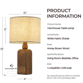 18''Farmhouse Traditional Natural Brown Solid Wood Base Table Lamp with Beige Fabric Shade for Bedroom Living Room