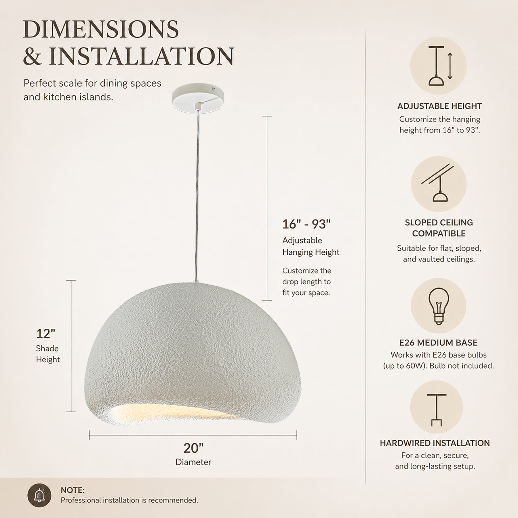 1 Lights W20in Modern Dome Pendant Light Single Modern White Chandelier for Dining Room Industrial Concrete Shade Hanging Light