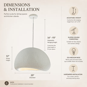 1 Lights W20in Modern Dome Pendant Light Single Modern White Chandelier for Dining Room Industrial Concrete Shade Hanging Light