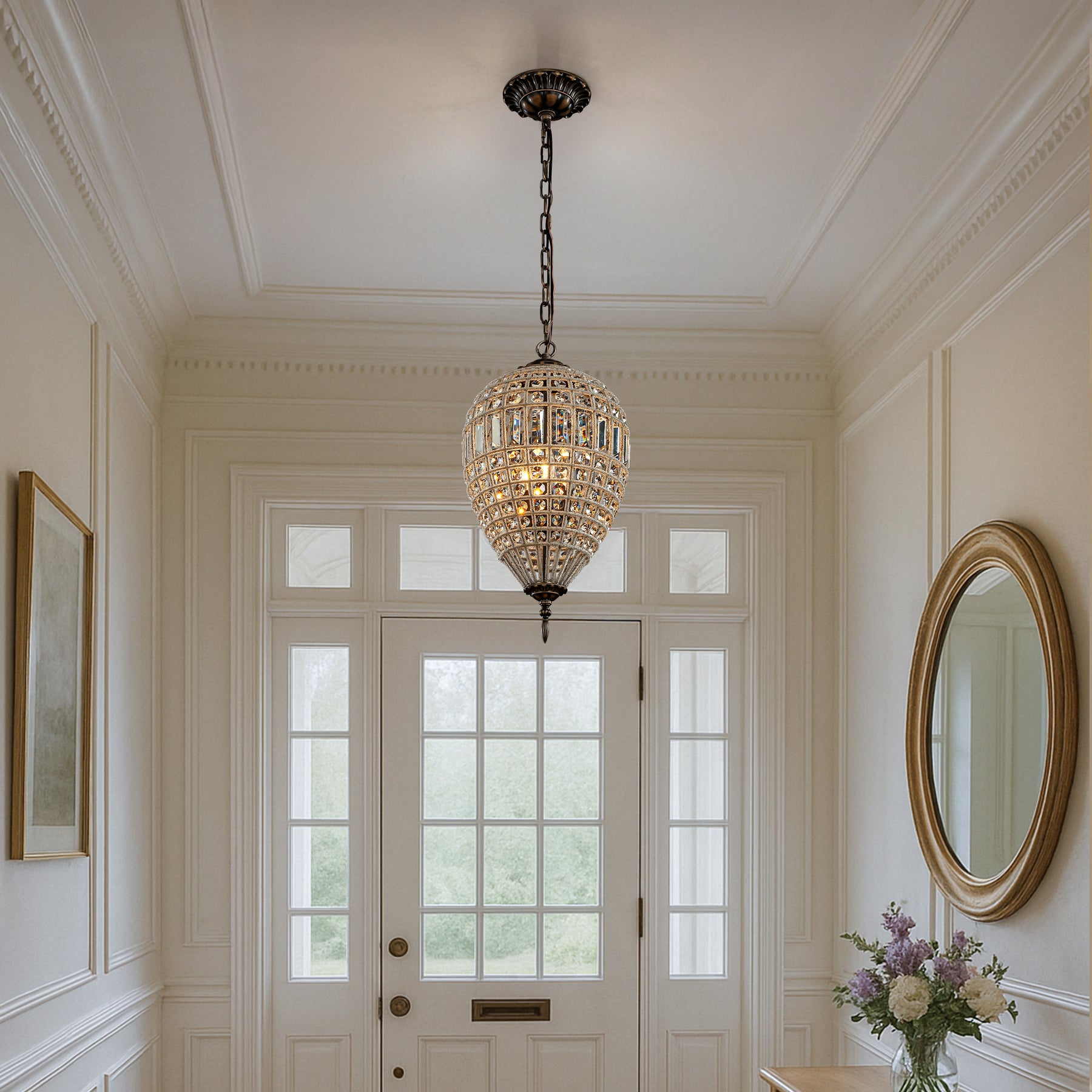 1-Light French Empire Handcrafted Crystal Chandelier Antique Bronze Finish Dimmable Vintage Pendant Light for Dining Room Foyer Bedroom