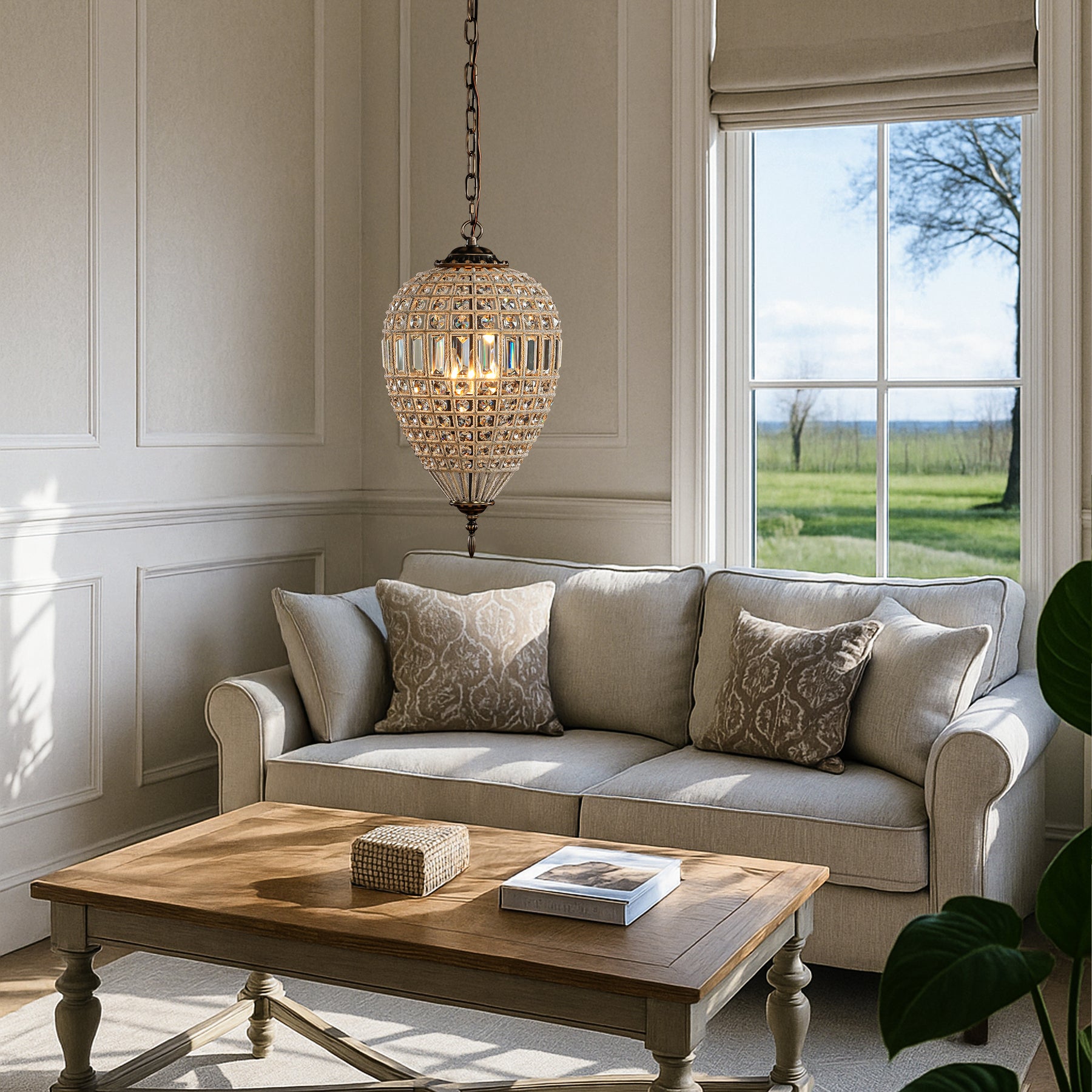 1-Light French Empire Handcrafted Crystal Chandelier Antique Bronze Finish Dimmable Vintage Pendant Light for Dining Room Foyer Bedroom