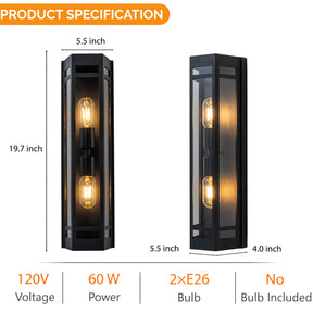 2-Light H20" Modern Black Outdoor Wall Light with Dusk-to-Dawn Sensor and Clear Tempered Glass Weather-Resistant Front Door Garage Exterior Lighting Fixture