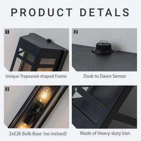 2-Light H20" Modern Black Outdoor Wall Light with Dusk-to-Dawn Sensor and Clear Tempered Glass Weather-Resistant Front Door Garage Exterior Lighting Fixture