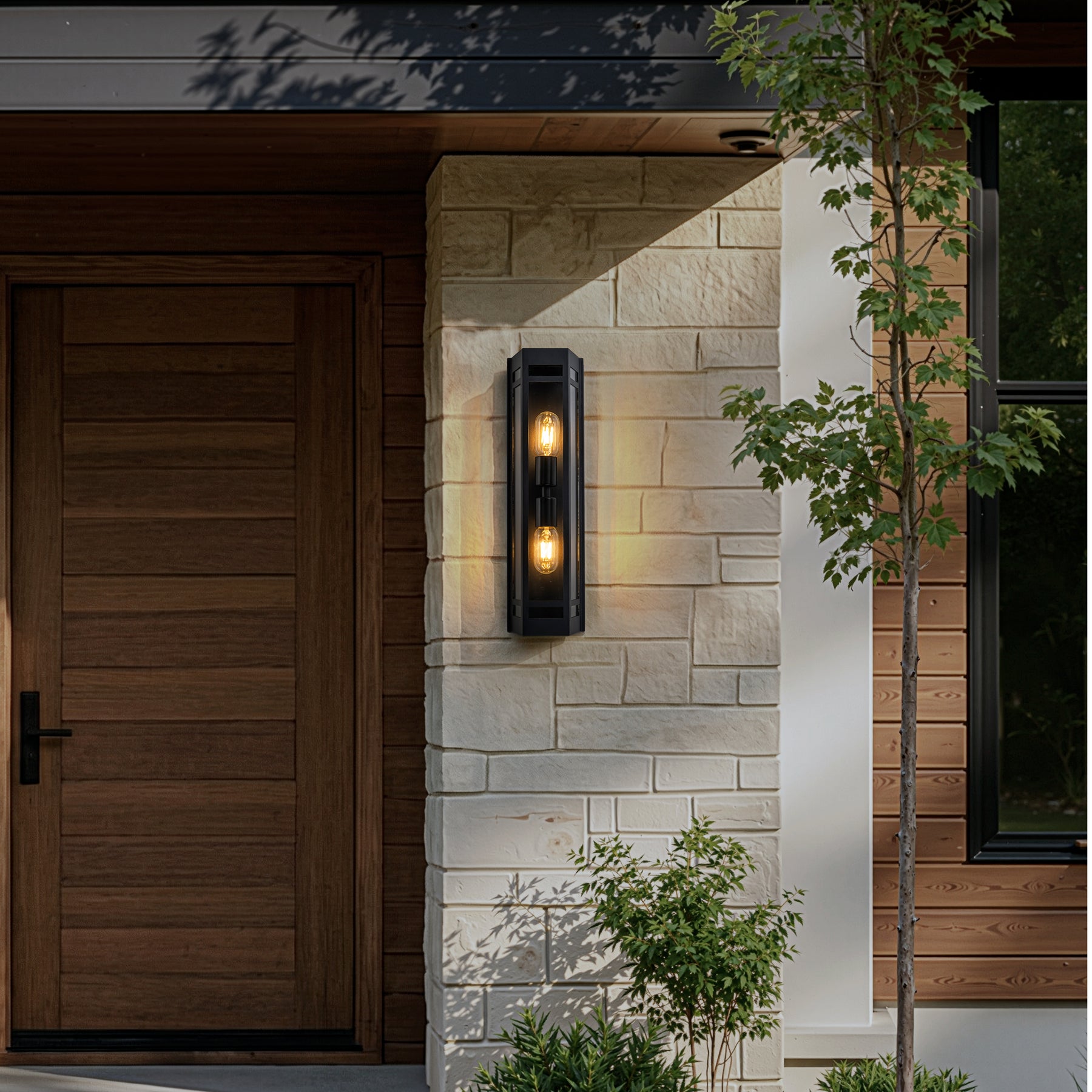 2-Light H20" Modern Black Outdoor Wall Light with Dusk-to-Dawn Sensor and Clear Tempered Glass Weather-Resistant Front Door Garage Exterior Lighting Fixture