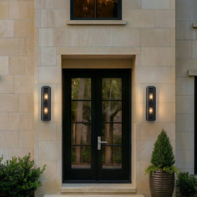 2-Light H20" Modern Black Outdoor Wall Light with Dusk-to-Dawn Sensor and Clear Tempered Glass Weather-Resistant Front Door Garage Exterior Lighting Fixture