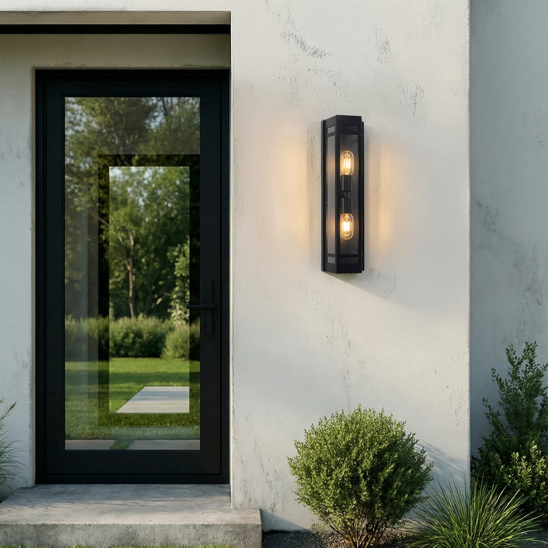 2-Light H20" Modern Black Outdoor Wall Light with Dusk-to-Dawn Sensor and Clear Tempered Glass Weather-Resistant Front Door Garage Exterior Lighting Fixture