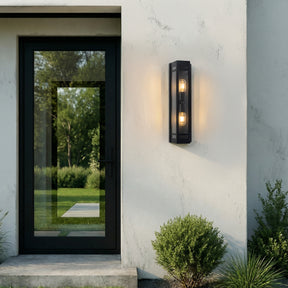 2-Light H20" Modern Black Outdoor Wall Light with Dusk-to-Dawn Sensor and Clear Tempered Glass Weather-Resistant Front Door Garage Exterior Lighting Fixture