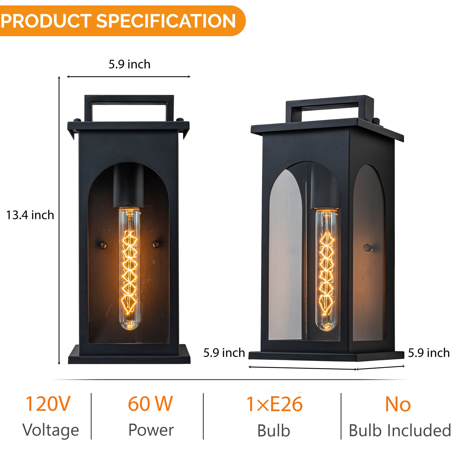 1-Light Modern 13 Inch Outdoor Wall Lantern Black Exterior Sconce with Clear Tempered Glass & Dusk-to-Dawn Sensor for Front Door Porch Light