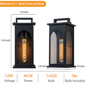1-Light Modern 13 Inch Outdoor Wall Lantern Black Exterior Sconce with Clear Tempered Glass & Dusk-to-Dawn Sensor for Front Door Porch Light