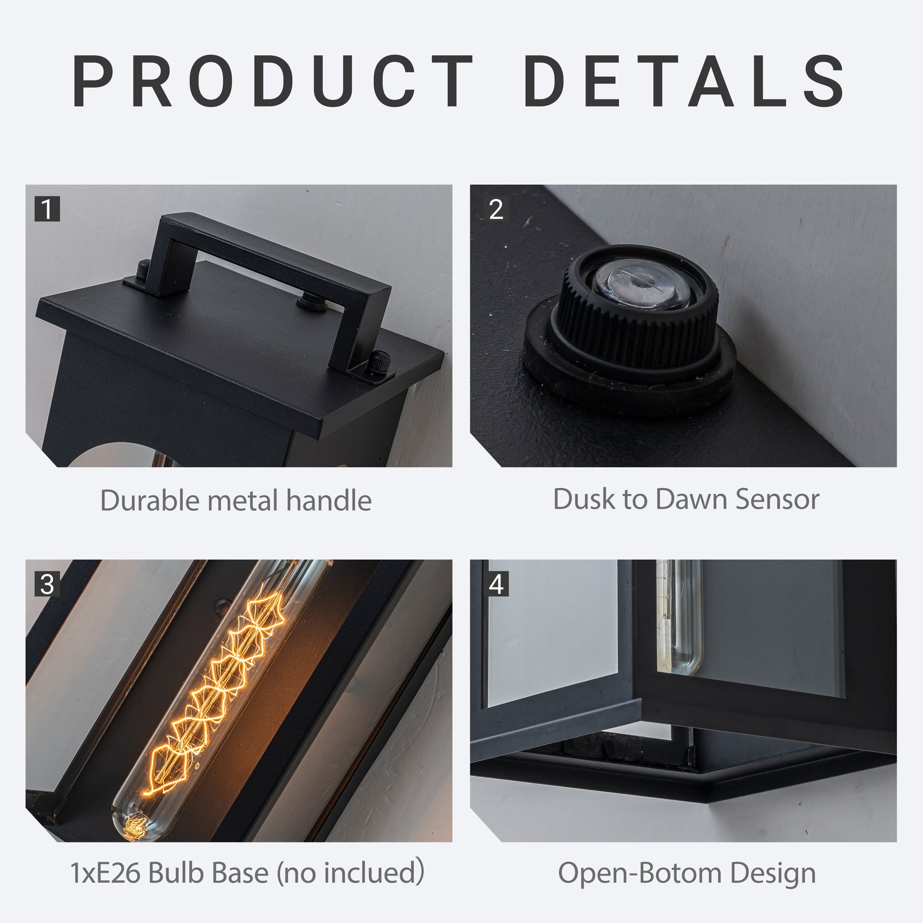 1-Light Modern 13 Inch Outdoor Wall Lantern Black Exterior Sconce with Clear Tempered Glass & Dusk-to-Dawn Sensor for Front Door Porch Light