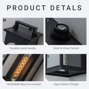 1-Light Modern 13 Inch Outdoor Wall Lantern Black Exterior Sconce with Clear Tempered Glass & Dusk-to-Dawn Sensor for Front Door Porch Light