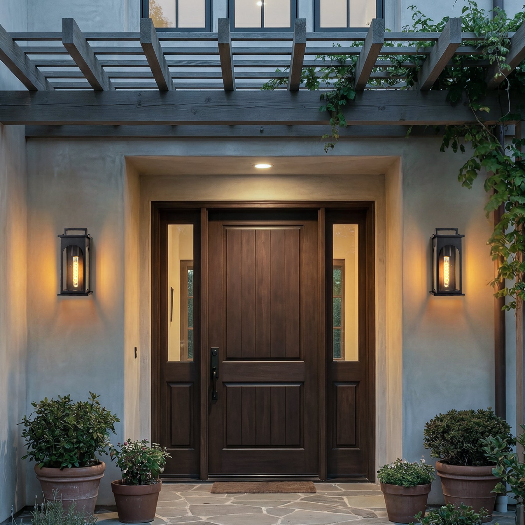 1-Light Modern 13 Inch Outdoor Wall Lantern Black Exterior Sconce with Clear Tempered Glass & Dusk-to-Dawn Sensor for Front Door Porch Light