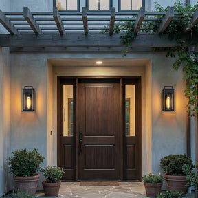 1-Light Modern 13 Inch Outdoor Wall Lantern Black Exterior Sconce with Clear Tempered Glass & Dusk-to-Dawn Sensor for Front Door Porch Light