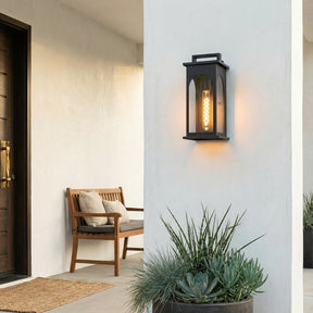 1-Light Modern 13 Inch Outdoor Wall Lantern Black Exterior Sconce with Clear Tempered Glass & Dusk-to-Dawn Sensor for Front Door Porch Light