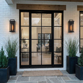 1-Light Modern 13 Inch Outdoor Wall Lantern Black Exterior Sconce with Clear Tempered Glass & Dusk-to-Dawn Sensor for Front Door Porch Light