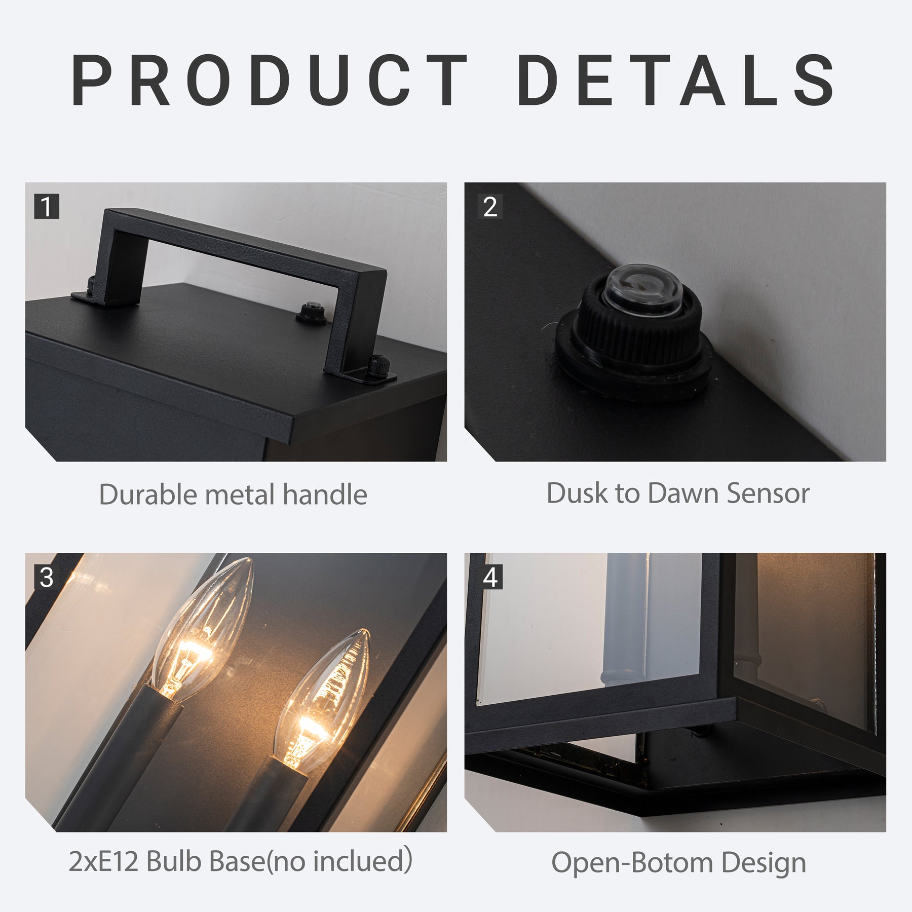 2-Light H19” Outdoor Wall Lantern Large Black Exterior Wall Light with Clear Tempered Glass and Dusk to Dawn Sensor for Front Door, Garage & Entryway