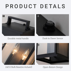 2-Light H19” Outdoor Wall Lantern Large Black Exterior Wall Light with Clear Tempered Glass and Dusk to Dawn Sensor for Front Door, Garage & Entryway