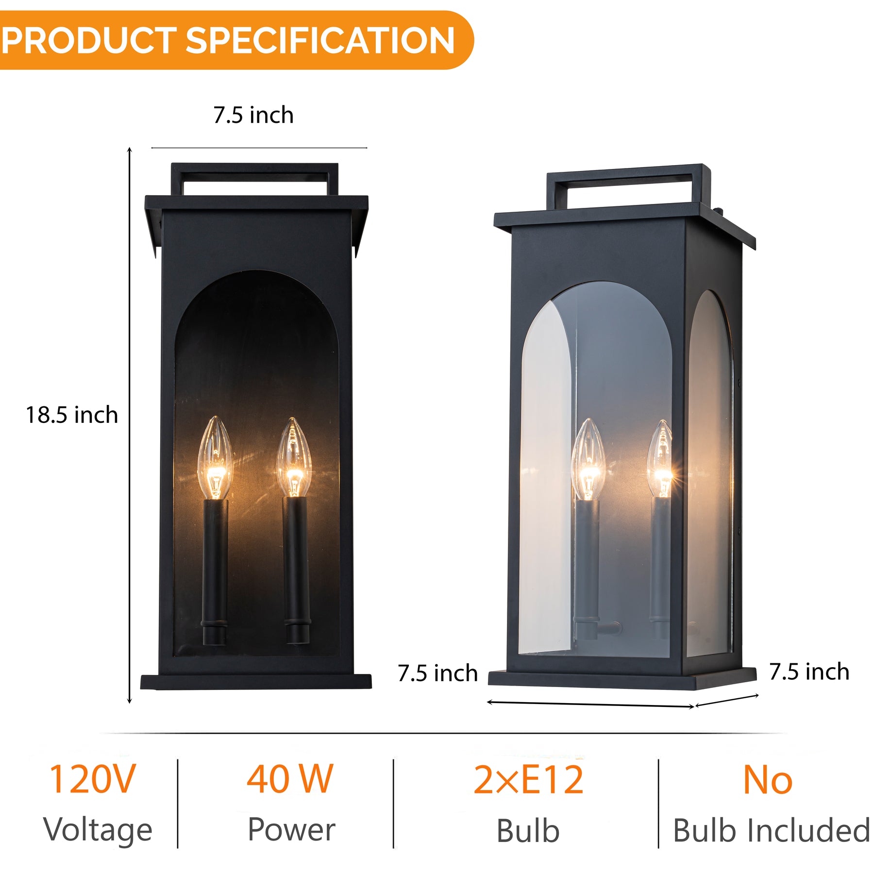 2-Light H19” Outdoor Wall Lantern Large Black Exterior Wall Light with Clear Tempered Glass and Dusk to Dawn Sensor for Front Door, Garage & Entryway
