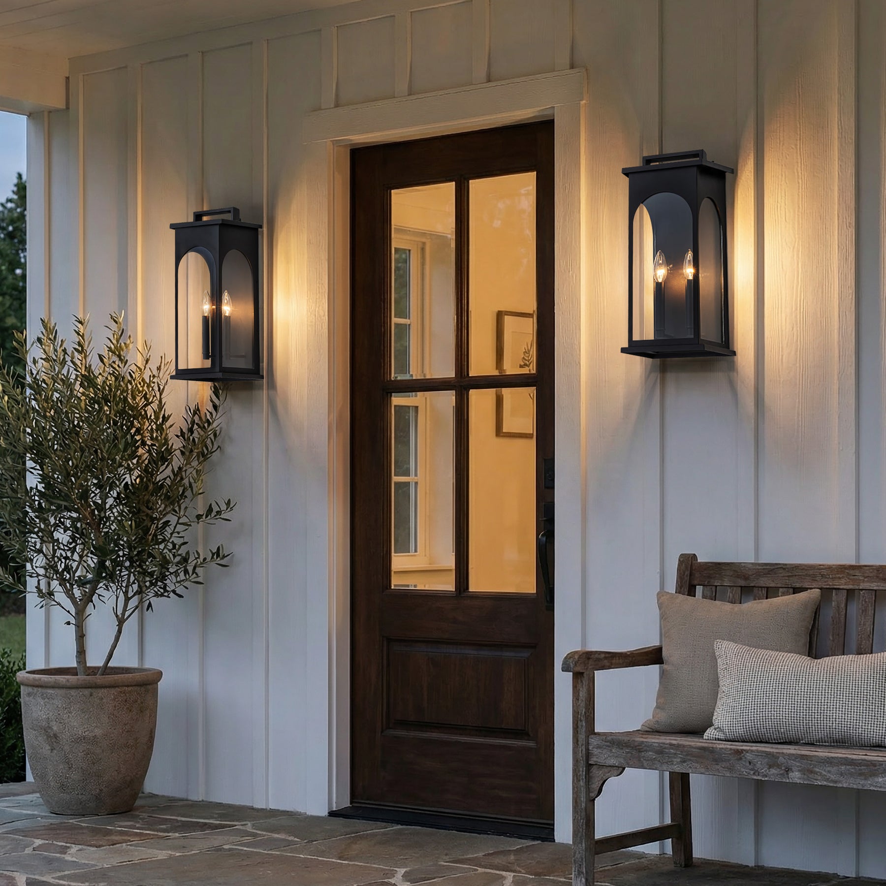 2-Light H19” Outdoor Wall Lantern Large Black Exterior Wall Light with Clear Tempered Glass and Dusk to Dawn Sensor for Front Door, Garage & Entryway