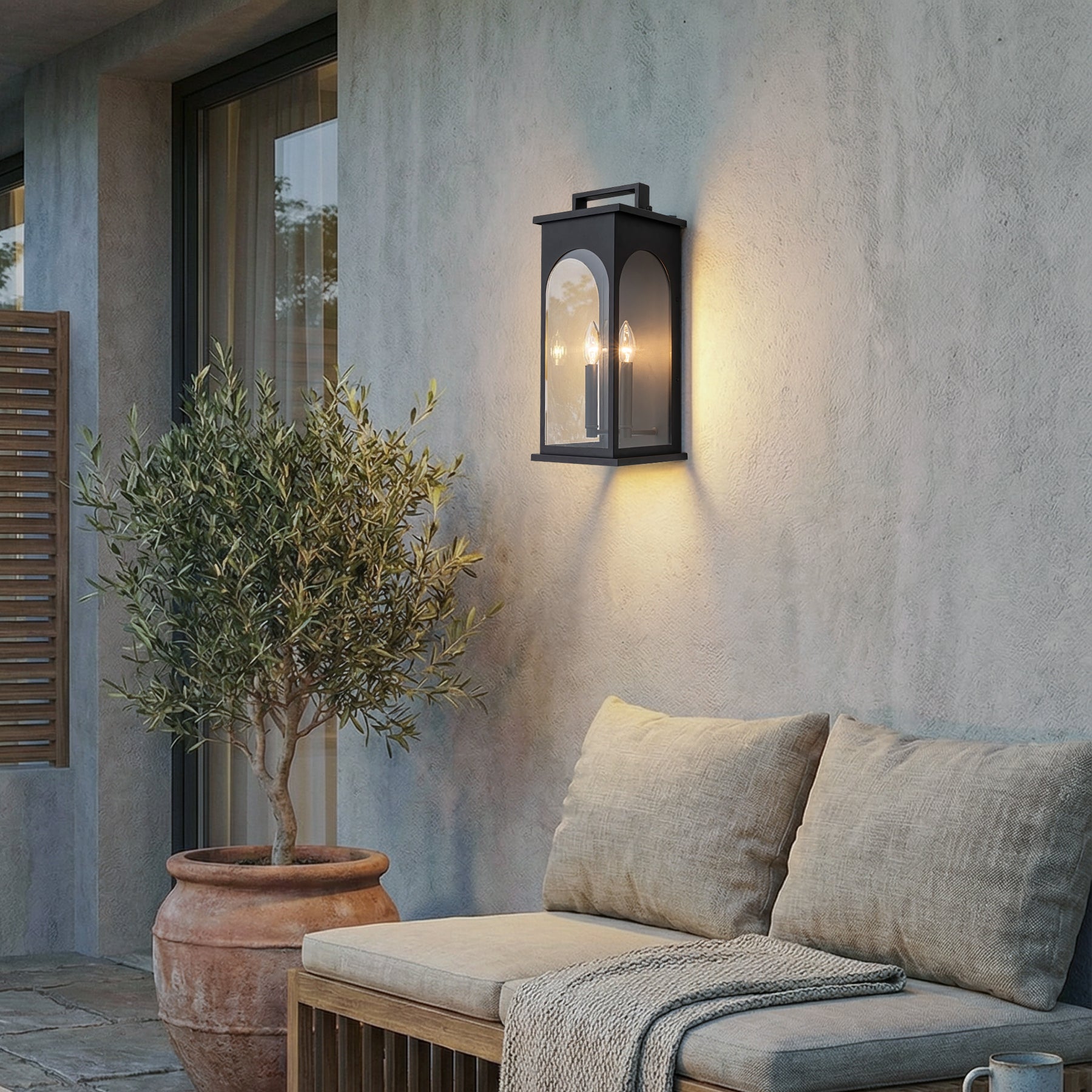 2-Light H19” Outdoor Wall Lantern Large Black Exterior Wall Light with Clear Tempered Glass and Dusk to Dawn Sensor for Front Door, Garage & Entryway