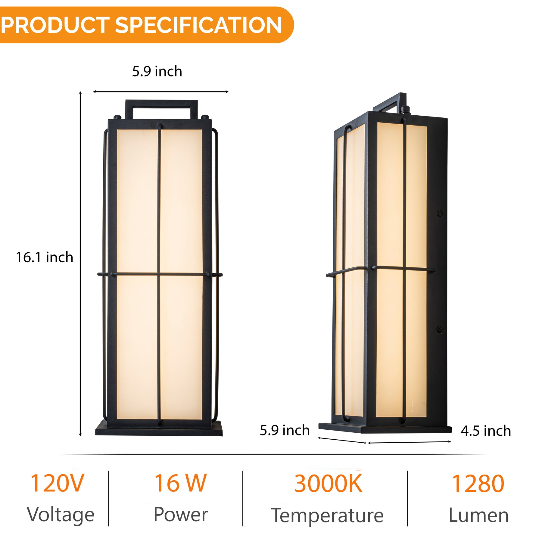 16 in. Black Outdoor Integrated 16W LED Wall Lantern with Frosted Panels and Dusk-to-Dawn Sensor for Porch & Garage