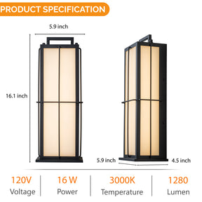 16 in. Black Outdoor Integrated 16W LED Wall Lantern with Frosted Panels and Dusk-to-Dawn Sensor for Porch & Garage
