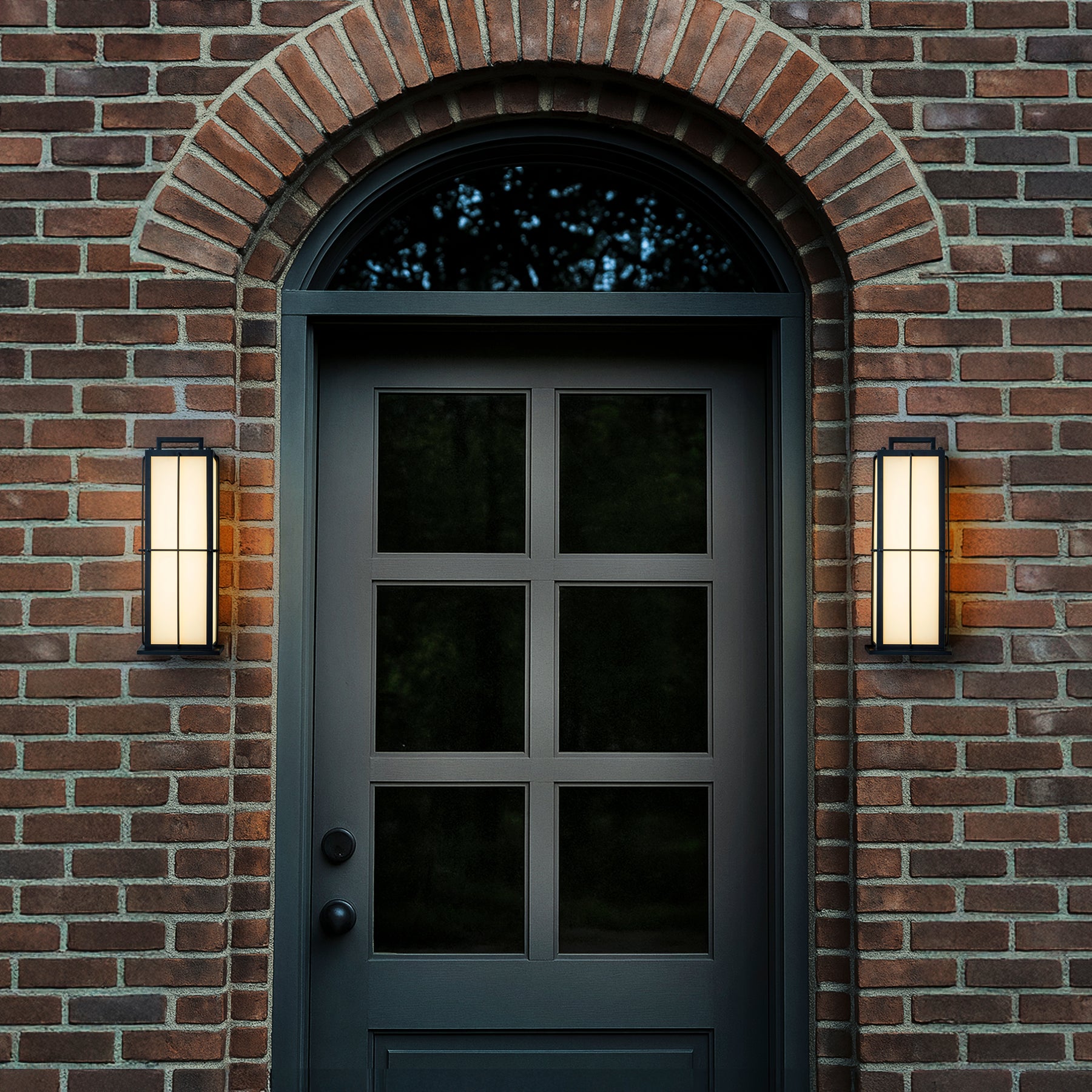 16 in. Black Outdoor Integrated 16W LED Wall Lantern with Frosted Panels and Dusk-to-Dawn Sensor for Porch & Garage