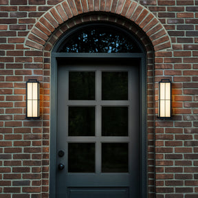 16 in. Black Outdoor Integrated 16W LED Wall Lantern with Frosted Panels and Dusk-to-Dawn Sensor for Porch & Garage