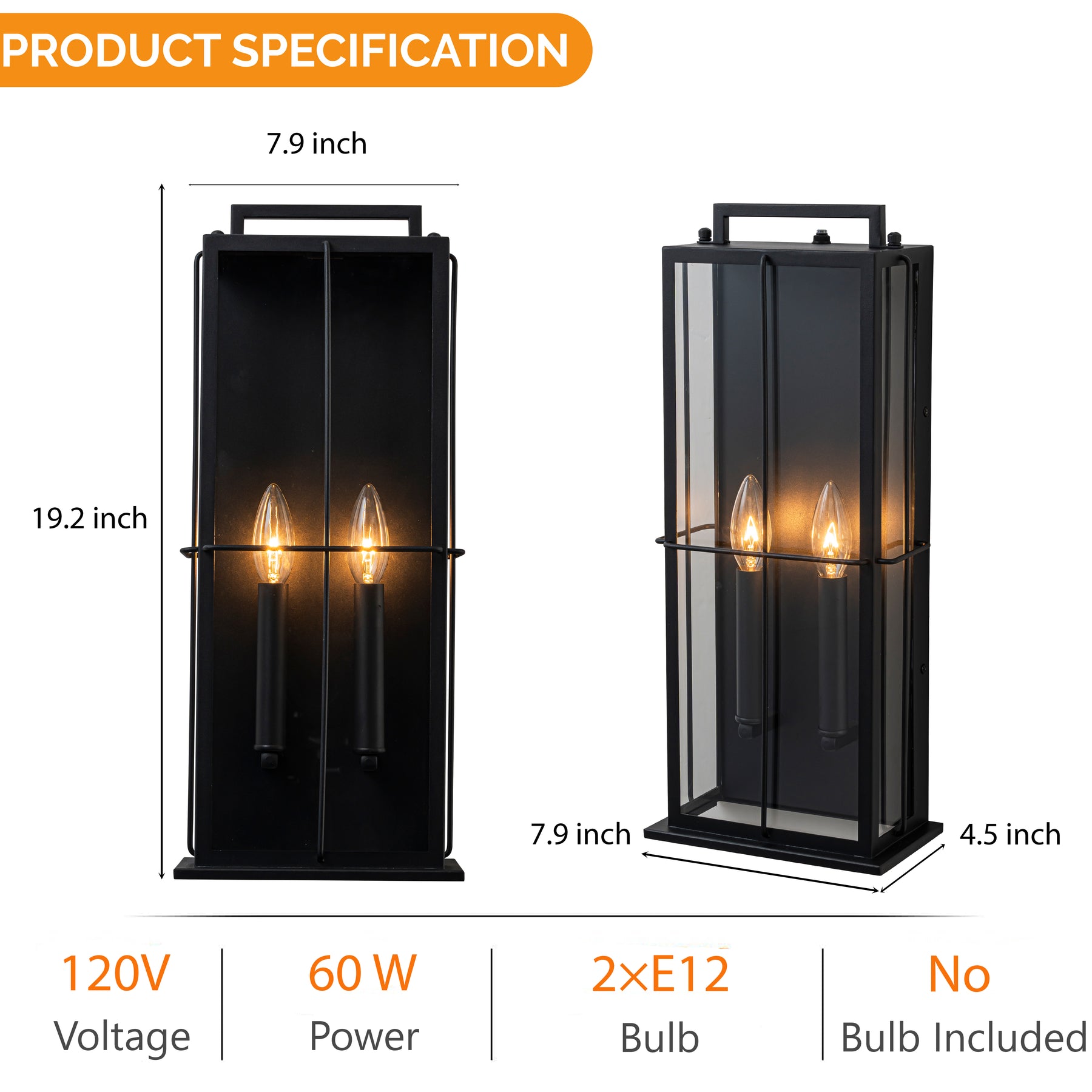 H19" Modern Large Lantern Outdoor Wall Light with Clear Glass Dual-Bulb Design and  Black Finish Wall Sconces for Porch Patio Entryway