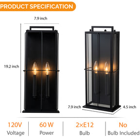 H19" Modern Large Lantern Outdoor Wall Light with Clear Glass Dual-Bulb Design and  Black Finish Wall Sconces for Porch Patio Entryway