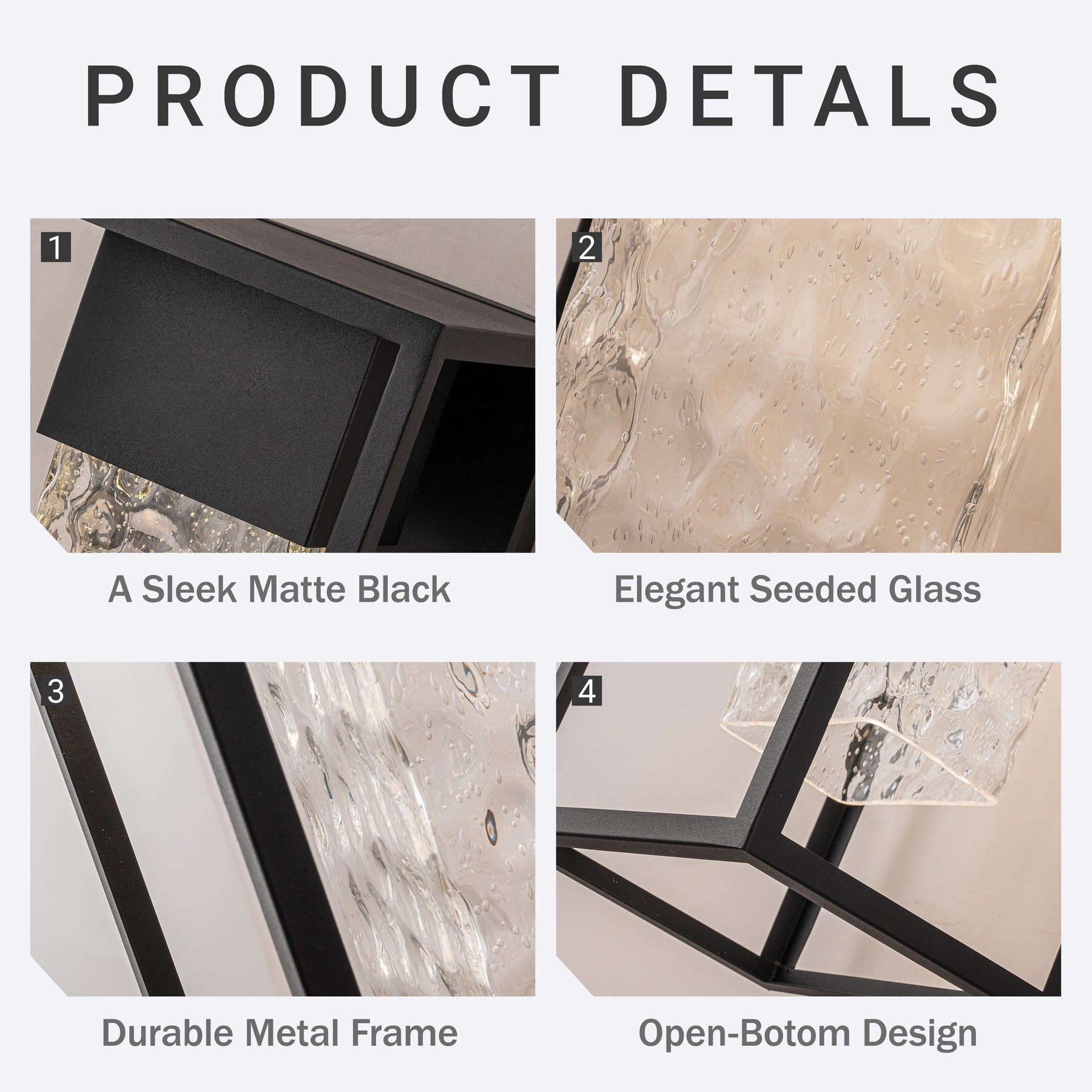 H19" Modern Large Matte Black 10W Integrated LED Wall Sconce with Open Frame and Seeded Glass for Porch Garage Entryway Exterior Lighting