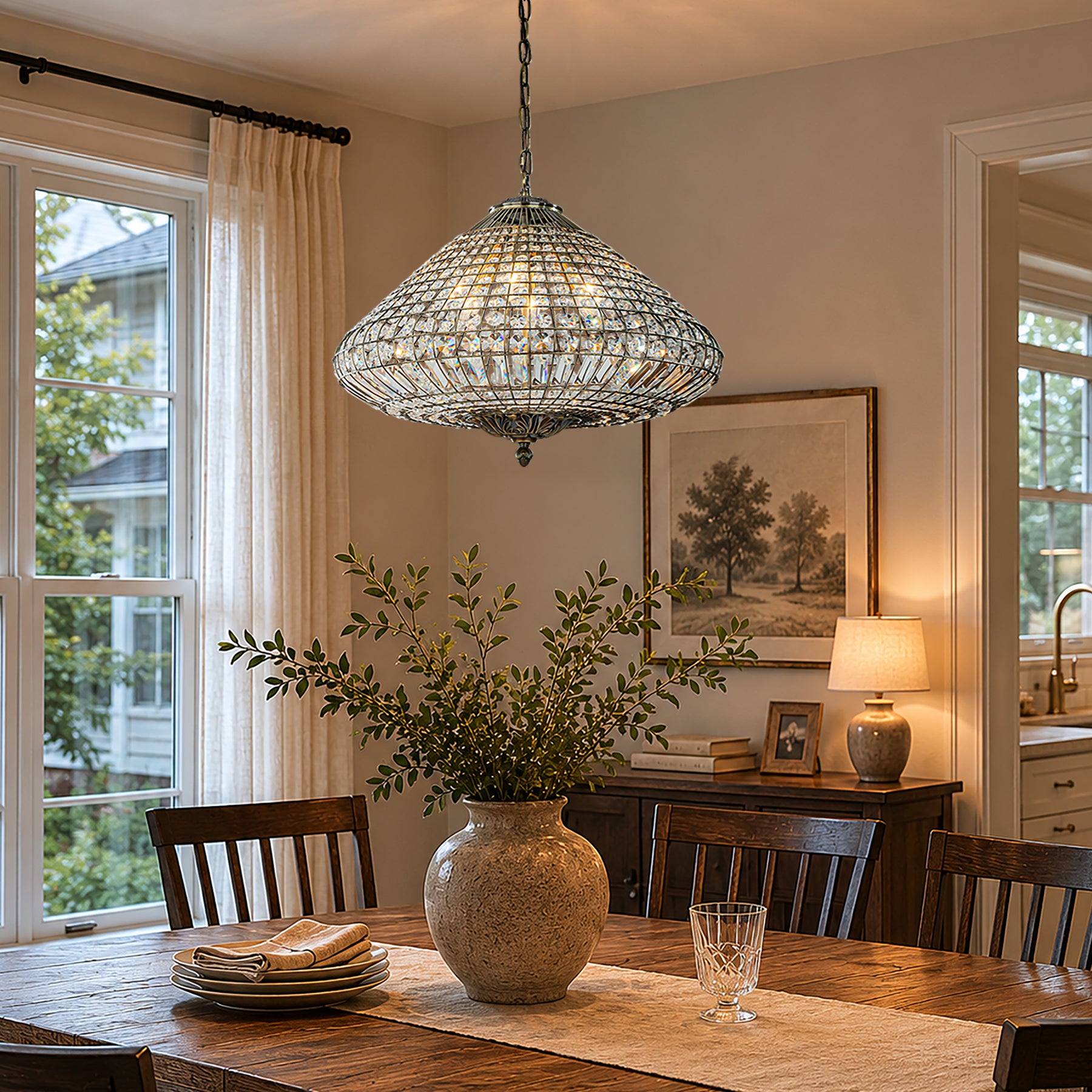 24'' Wide 6-Light Retro French Handcrafted Bird Cage Crystal Chandelier in Antique Bronze With Vintage Patina Dimmable for Dining Room or Bedroom
