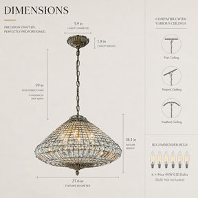 24'' Wide 6-Light Retro French Handcrafted Bird Cage Crystal Chandelier in Antique Bronze With Vintage Patina Dimmable for Dining Room or Bedroom
