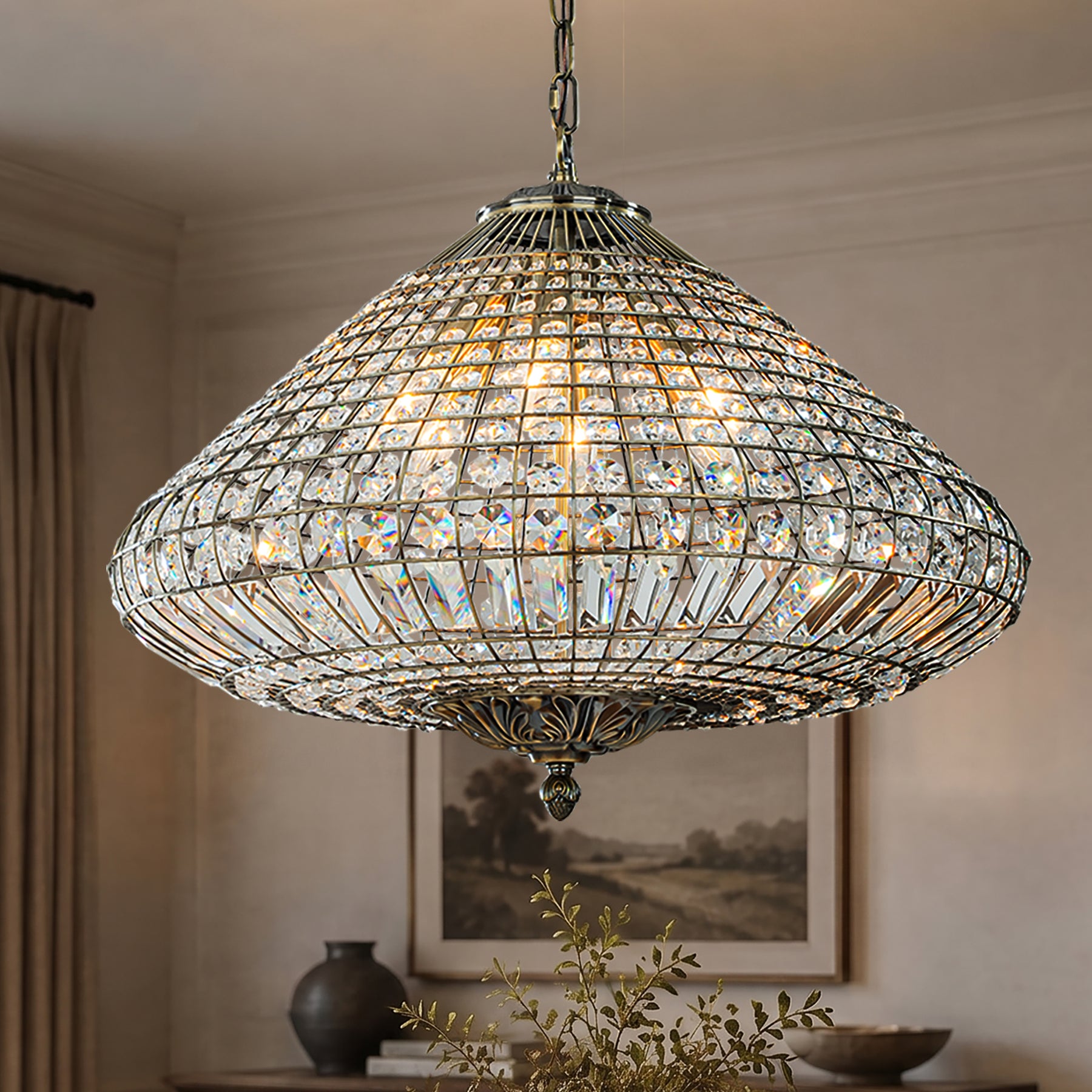 24'' Wide 6-Light Retro French Handcrafted Bird Cage Crystal Chandelier in Antique Bronze With Vintage Patina Dimmable for Dining Room or Bedroom
