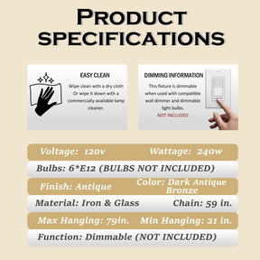 24'' Wide 6-Light Retro French Handcrafted Bird Cage Crystal Chandelier in Antique Bronze With Vintage Patina Dimmable for Dining Room or Bedroom