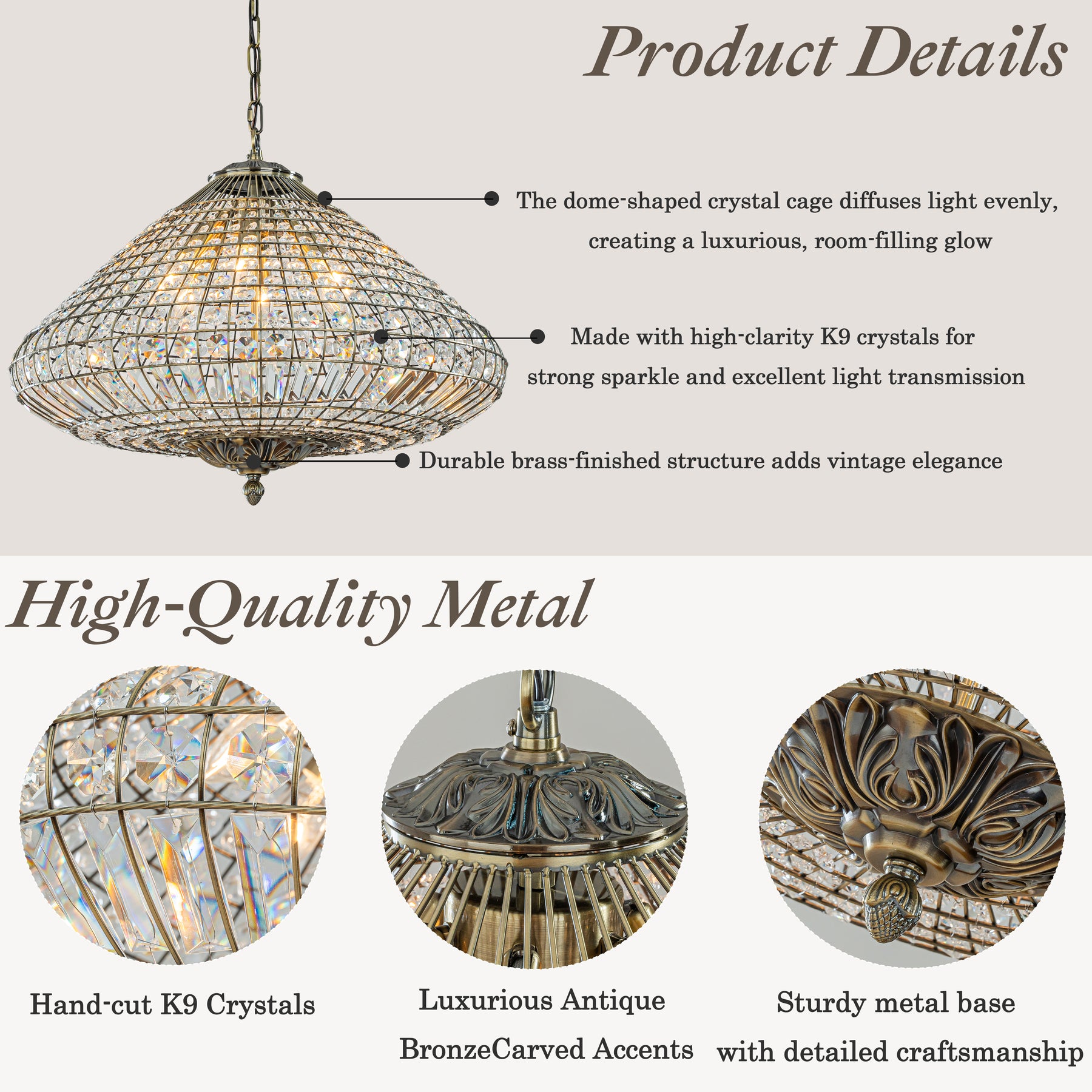 24'' Wide 6-Light Retro French Handcrafted Bird Cage Crystal Chandelier in Antique Bronze With Vintage Patina Dimmable for Dining Room or Bedroom