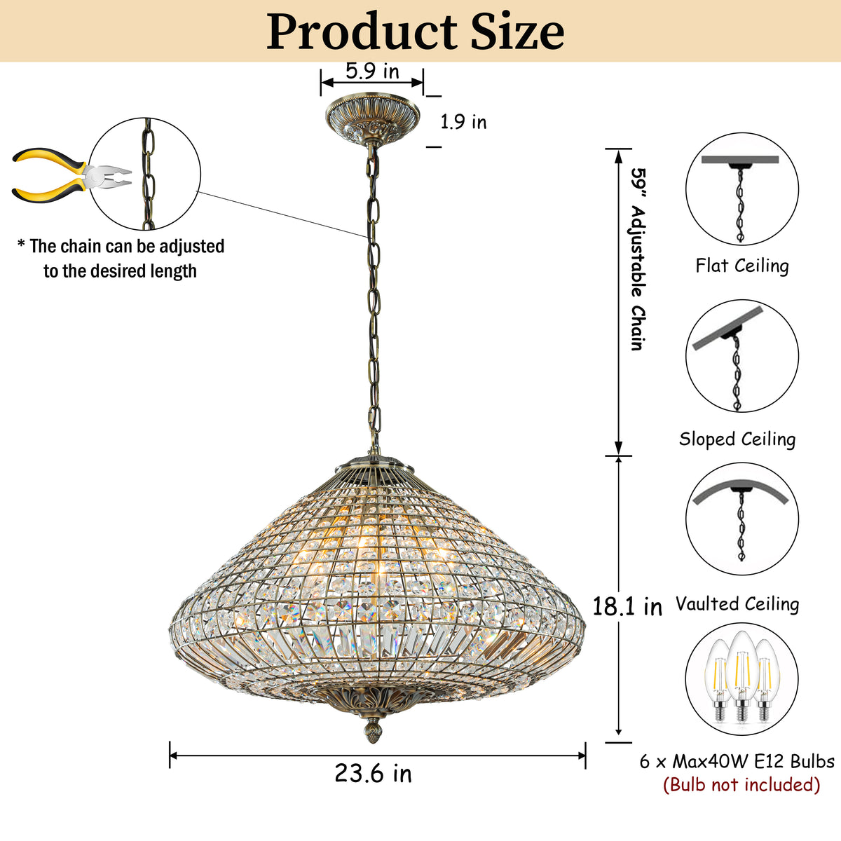 24'' Wide 6-Light Retro French Handcrafted Bird Cage Crystal Chandelier in Antique Bronze With Vintage Patina Dimmable for Dining Room or Bedroom