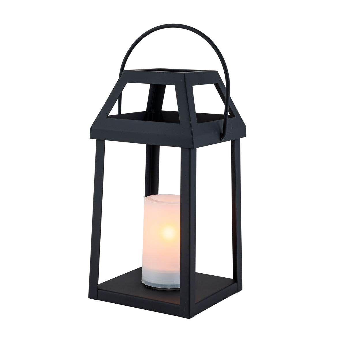 H13” Solar Outdoor Lantern with Flickering Candle Modern Metal Solar Lantern with Handle, Waterproof Patio Table & Hanging Light Auto On/Off for Garden Deck