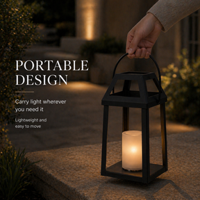 H13” Solar Outdoor Lantern with Flickering Candle Modern Metal Solar Lantern with Handle, Waterproof Patio Table & Hanging Light Auto On/Off for Garden Deck