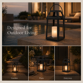 H13” Solar Outdoor Lantern with Flickering Candle Modern Metal Solar Lantern with Handle, Waterproof Patio Table & Hanging Light Auto On/Off for Garden Deck