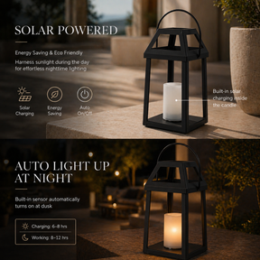 H13” Solar Outdoor Lantern with Flickering Candle Modern Metal Solar Lantern with Handle, Waterproof Patio Table & Hanging Light Auto On/Off for Garden Deck