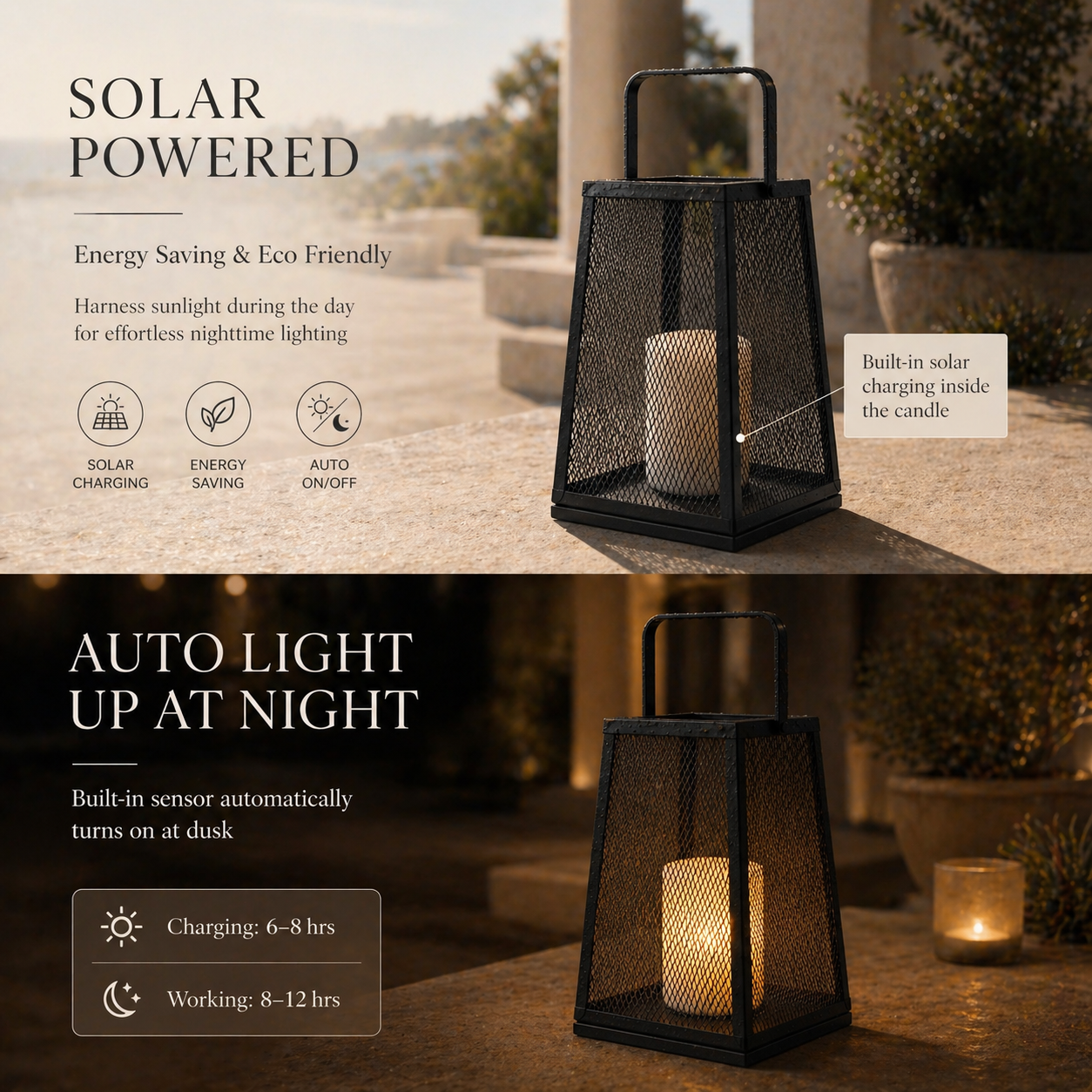 H10" Solar Outdoor Lantern with Flickering Candle Light Modern Metal Mesh Patio Lantern with Handle Solar Powered Decorative Lantern for Garden Deck Pathway Camping